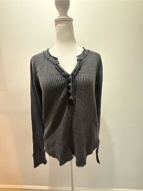 Lucky Brand Waffle Knit Henley Top - Charcoal Gray
